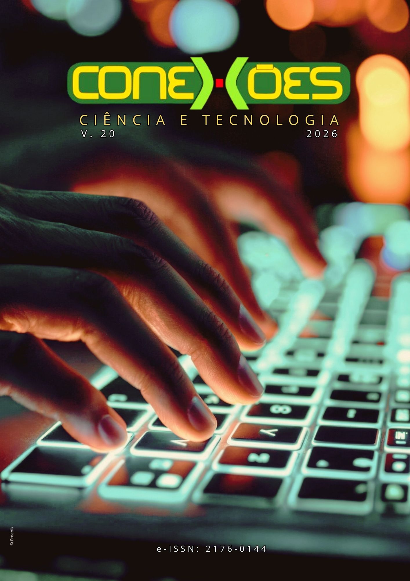 Capa da revista constato das informações de título - conexões, volume 20 e ano 2026. O conjunto visual remete a temas como inovação, tecnologia digital, produção científica e conectividade.